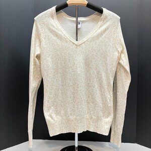 GAP Womens Vintage Leopard‎ Print White Tan Long Sleeve V Neck Sweater Size M